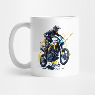 Enduro and motocross motorbike illustration. Adventure on paint splashes. Competition on mountain roads. Offroad Mug